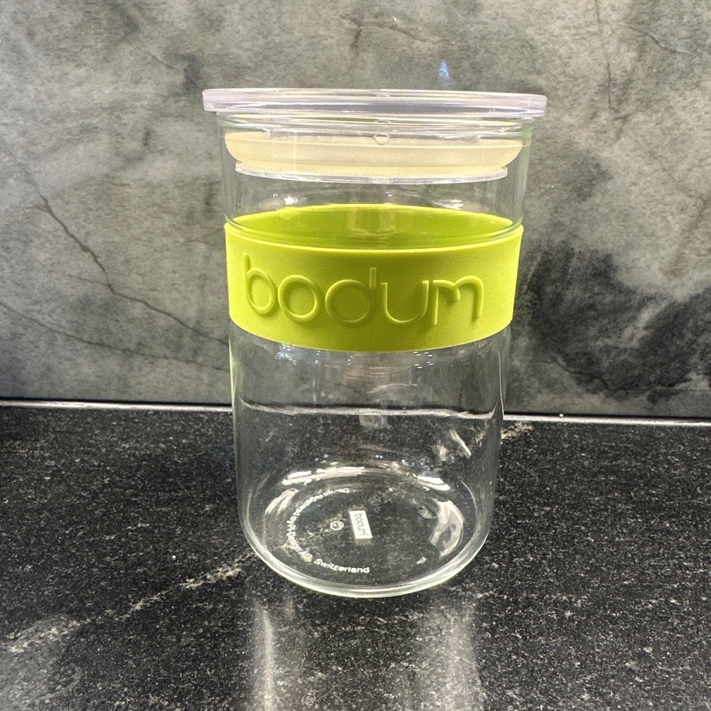 Rare Vintage Bodum Presso Storage Glass Jar Lime Green Silicone Grip 20oz